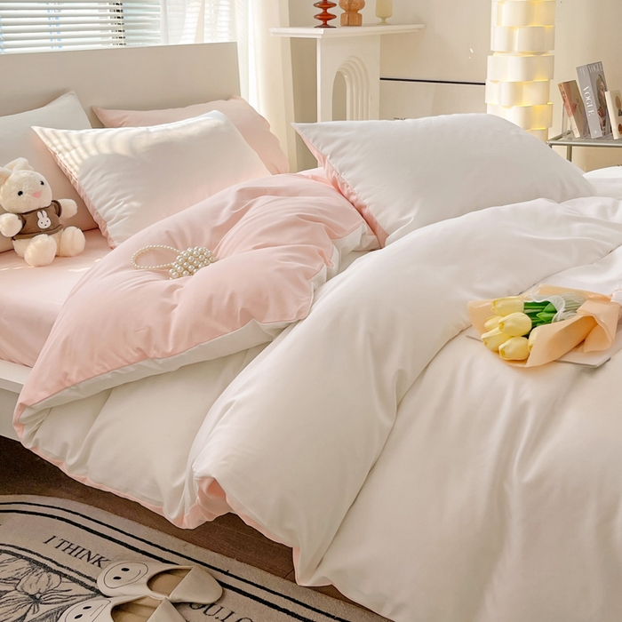 91家纺网 家纺一手货源 找家纺 芷凡 2023新款ins风少女风撞色双拼水洗棉磨毛四件套 奶白+奶油粉