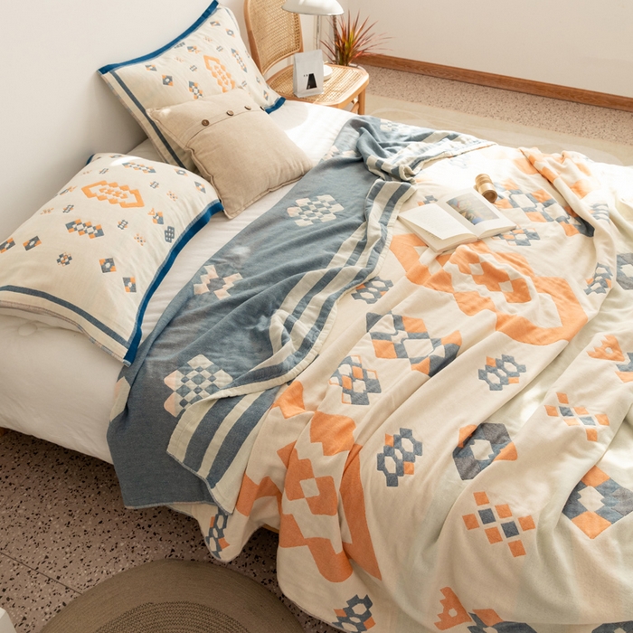 91家纺网 家纺一手货源 找家纺 朴尔 2023年波西米亚风全棉四层纱布毛巾被 爱丁堡-蓝