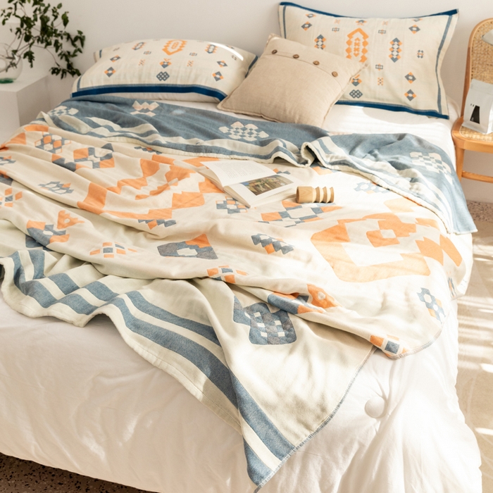 91家纺网 家纺一手货源 找家纺 朴尔 2023年波西米亚风全棉四层纱布毛巾被 爱丁堡-蓝