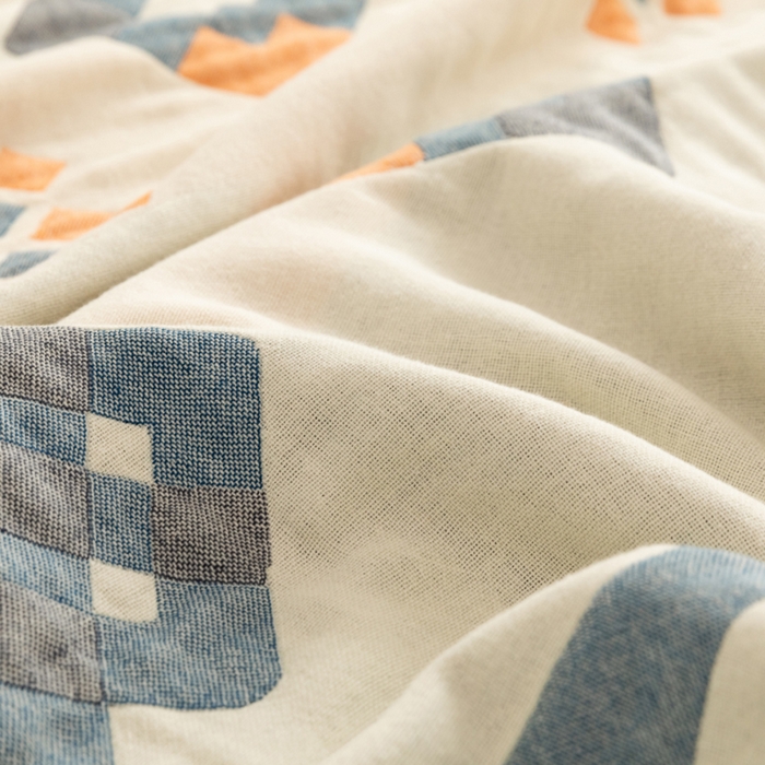 91家纺网 家纺一手货源 找家纺 朴尔 2023年波西米亚风全棉四层纱布毛巾被 爱丁堡-蓝