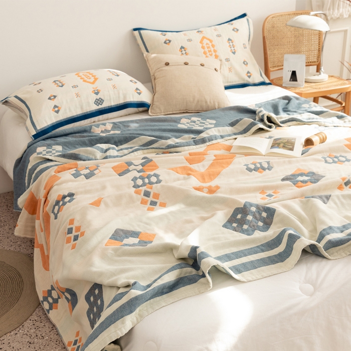 91家纺网 家纺一手货源 找家纺 朴尔 2023年波西米亚风全棉四层纱布毛巾被 爱丁堡-蓝