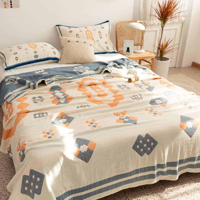 91家纺网 家纺一手货源 找家纺 朴尔 2023年波西米亚风全棉四层纱布毛巾被 爱丁堡-蓝