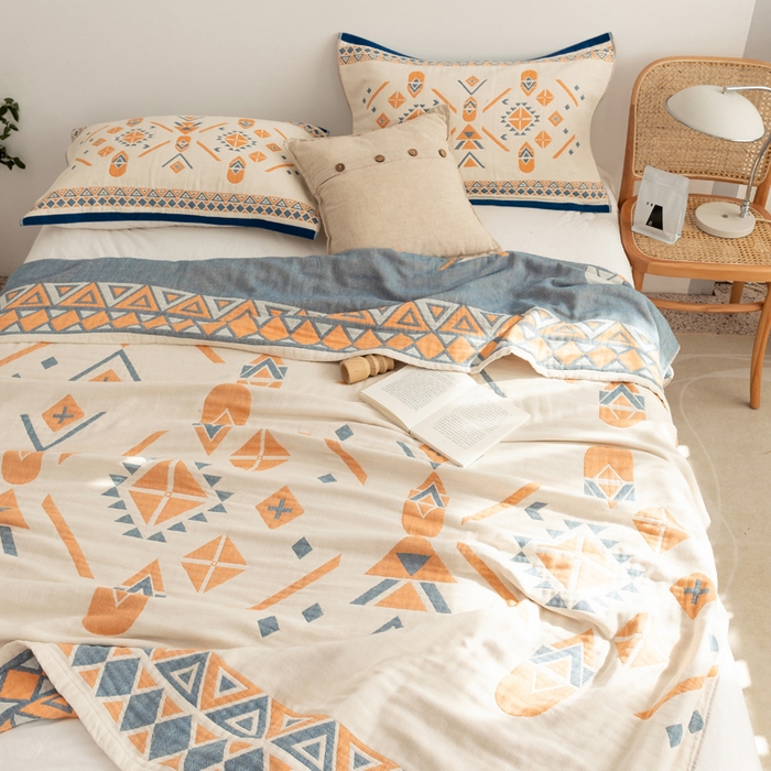 91家纺网 家纺一手货源 找家纺 朴尔 2023年波西米亚风全棉四层纱布毛巾被 克莱德-蓝