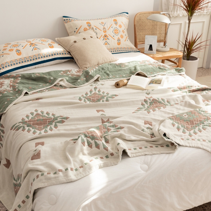 91家纺网 家纺一手货源 找家纺 朴尔 2023年波西米亚风全棉四层纱布毛巾被 罗马假日-绿