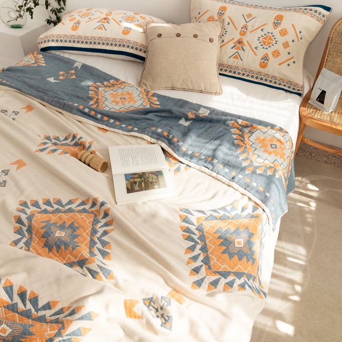 91家纺网 家纺一手货源 找家纺 朴尔 2023年波西米亚风全棉四层纱布毛巾被 罗马假日-蓝