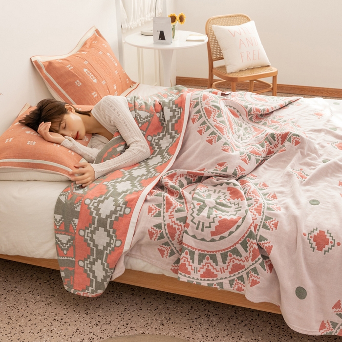 91家纺网 家纺一手货源 找家纺 朴尔 2023年波西米亚风全棉四层纱布毛巾被 美丽神话