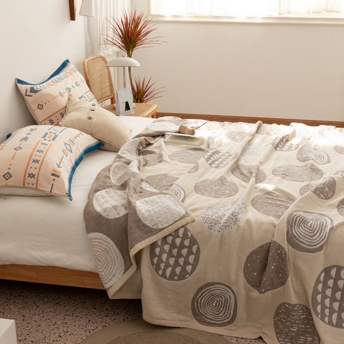 91家纺网 家纺一手货源 找家纺 朴尔 2023年波西米亚风全棉四层纱布毛巾被 圈点人生-驼