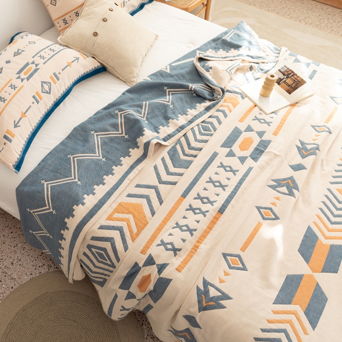 91家纺网 家纺一手货源 找家纺 朴尔 2023年波西米亚风全棉四层纱布毛巾被 小资情调-蓝