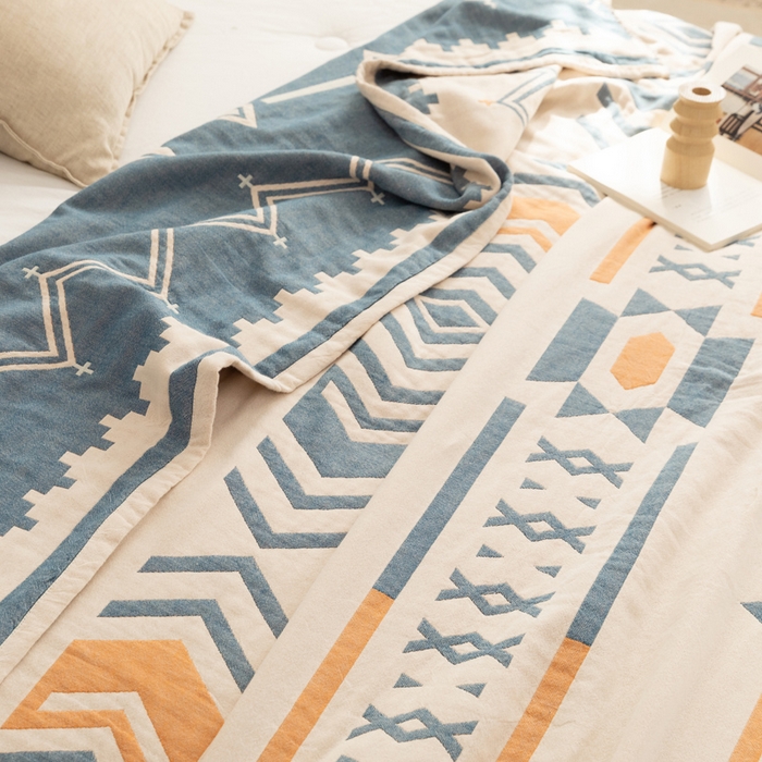 91家纺网 家纺一手货源 找家纺 朴尔 2023年波西米亚风全棉四层纱布毛巾被 小资情调-蓝