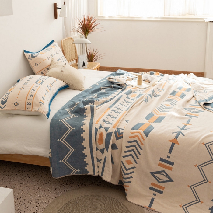 91家纺网 家纺一手货源 找家纺 朴尔 2023年波西米亚风全棉四层纱布毛巾被 小资情调-蓝