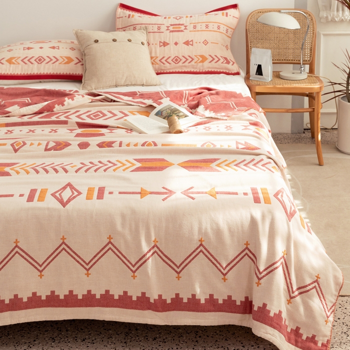 91家纺网 家纺一手货源 找家纺 朴尔 2023年波西米亚风全棉四层纱布毛巾被 小资情调-红