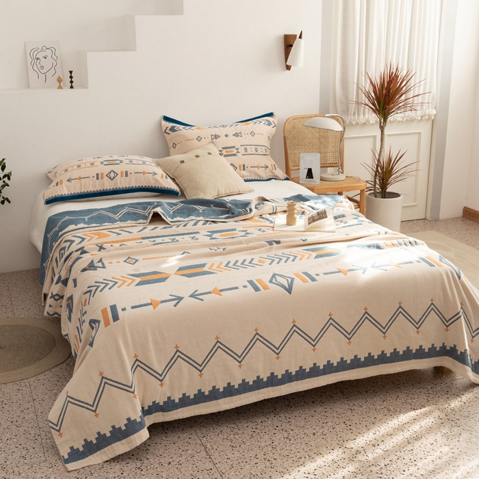 91家纺网 家纺一手货源 找家纺 朴尔 2023年波西米亚风全棉四层纱布毛巾被 小资情调-蓝