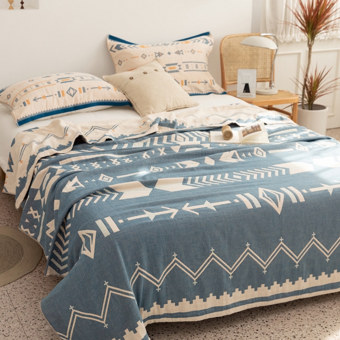 91家纺网 家纺一手货源 找家纺 朴尔 2023年波西米亚风全棉四层纱布毛巾被 小资情调-蓝