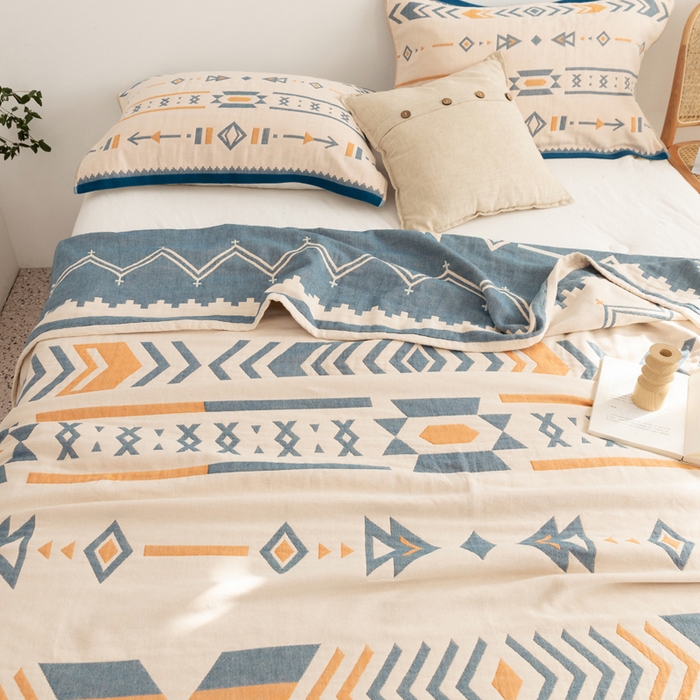 91家纺网 家纺一手货源 找家纺 朴尔 2023年波西米亚风全棉四层纱布毛巾被 小资情调-蓝