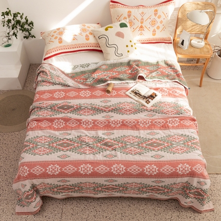 91家纺网 家纺一手货源 找家纺 朴尔 2023年波西米亚风全棉四层纱布毛巾被 伯瑞沙-红