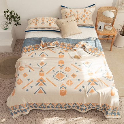 91家纺网 家纺一手货源 找家纺 朴尔 2023年波西米亚风全棉四层纱布毛巾被 克莱德-蓝