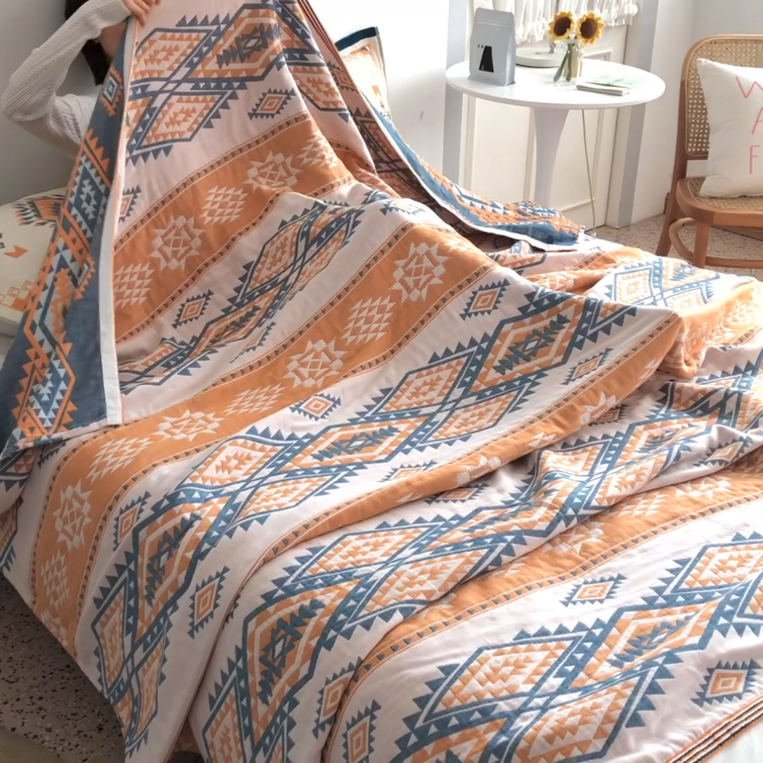 91家纺网 家纺一手货源 找家纺 朴尔 2023年波西米亚风全棉四层纱布毛巾被 伯瑞沙-灰