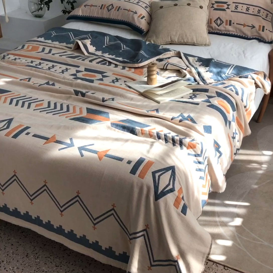 91家纺网 家纺一手货源 找家纺 （总）朴尔 2023年波西米亚风全棉四层纱布毛巾被