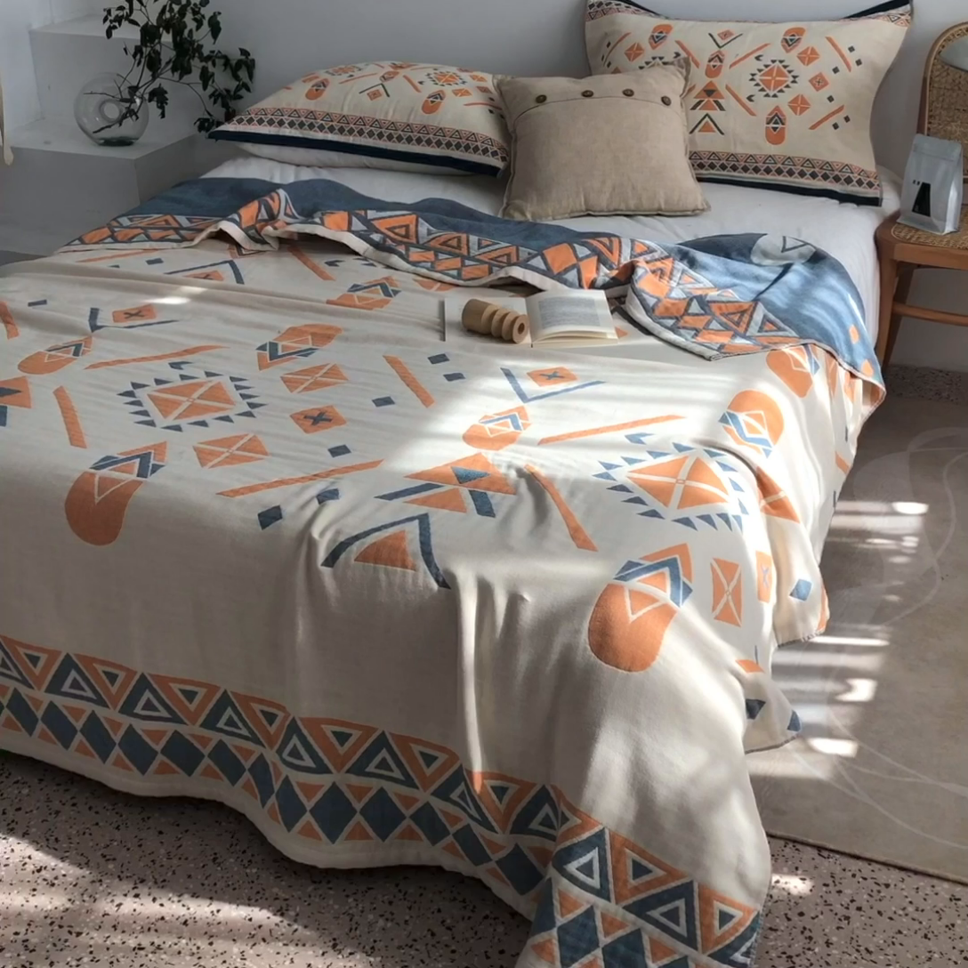 91家纺网 家纺一手货源 找家纺 朴尔 2023年波西米亚风全棉四层纱布毛巾被 克莱德-蓝