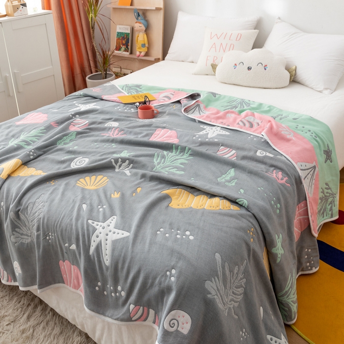 91家纺网 家纺一手货源 找家纺 朴尔 2023新款卡漫风格全棉六层纱毛巾被 海底世界-灰
