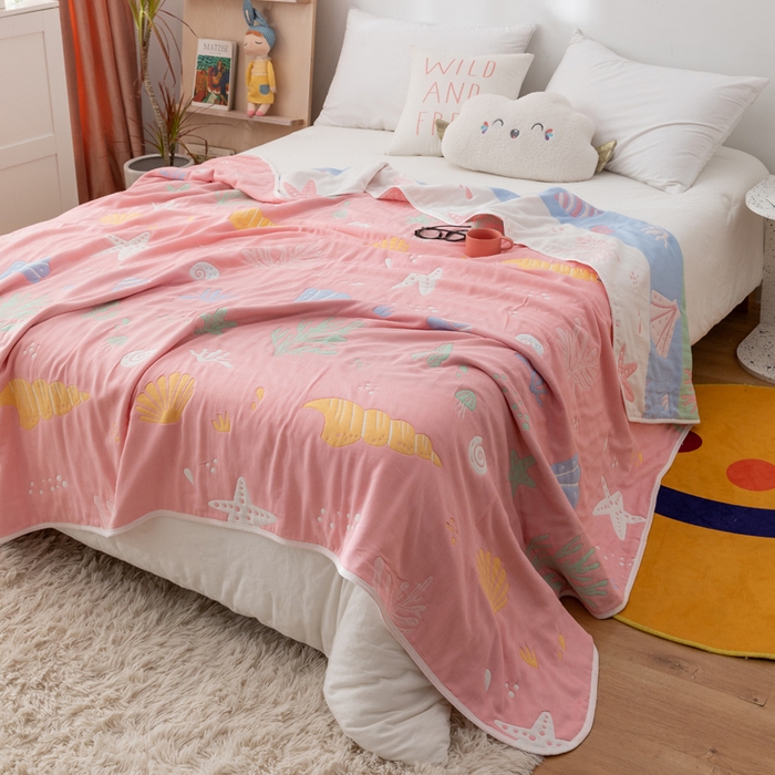 91家纺网 家纺一手货源 找家纺 朴尔 2023新款卡漫风格全棉六层纱毛巾被 海底世界-粉