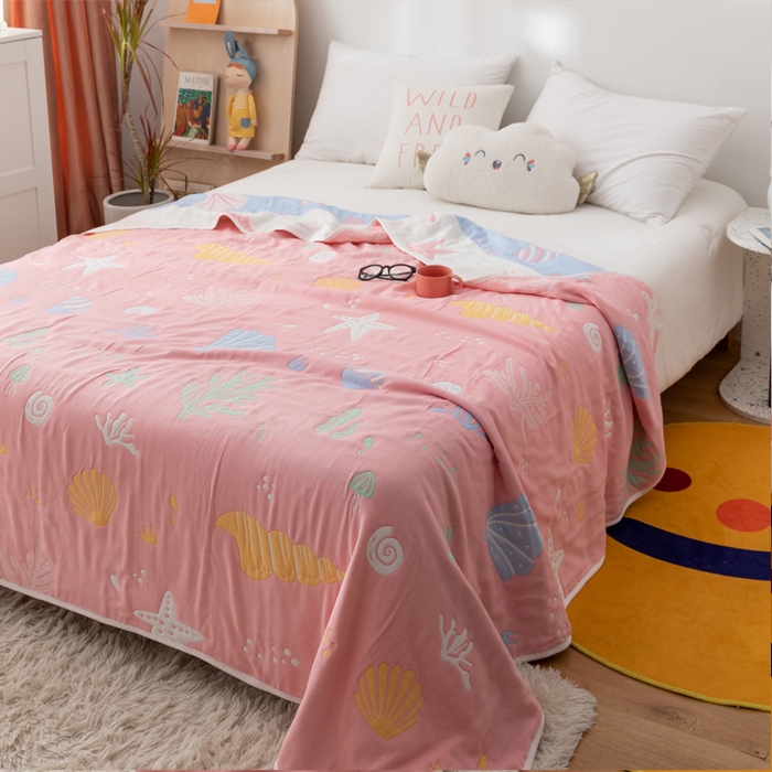 91家纺网 家纺一手货源 找家纺 朴尔 2023新款卡漫风格全棉六层纱毛巾被 海底世界-粉
