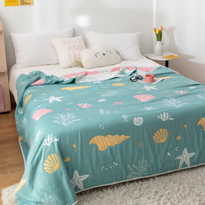 91家纺网 家纺一手货源 找家纺 朴尔 2023新款卡漫风格全棉六层纱毛巾被 海底世界-绿