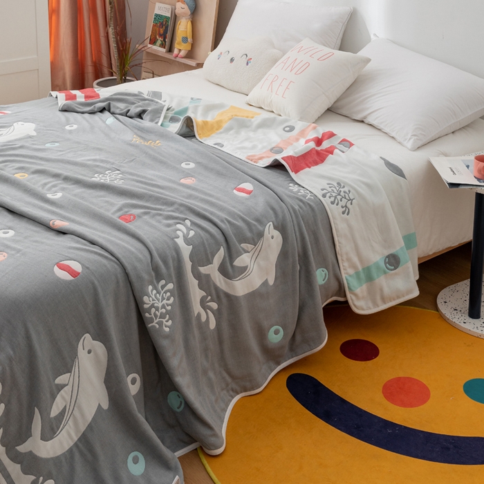 91家纺网 家纺一手货源 找家纺 朴尔 2023新款卡漫风格全棉六层纱毛巾被 海洋乐园-灰