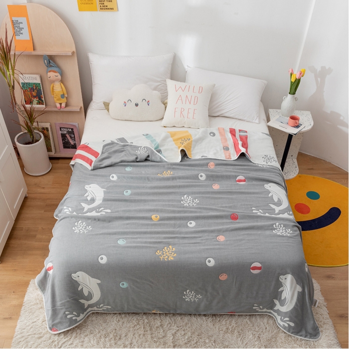 91家纺网 家纺一手货源 找家纺 朴尔 2023新款卡漫风格全棉六层纱毛巾被 海洋乐园-灰
