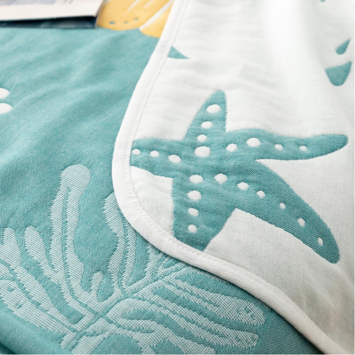 91家纺网 家纺一手货源 找家纺 朴尔 2023新款卡漫风格全棉六层纱毛巾被 海底世界-绿