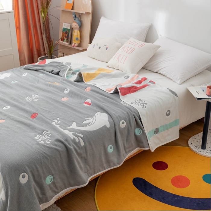 91家纺网 家纺一手货源 找家纺 朴尔 2023新款卡漫风格全棉六层纱毛巾被 海洋乐园-灰