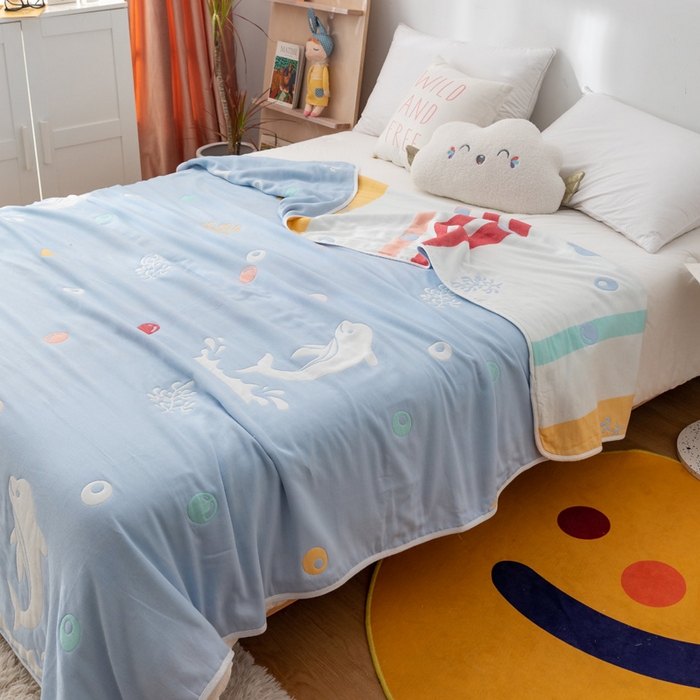 91家纺网 家纺一手货源 找家纺 朴尔 2023新款卡漫风格全棉六层纱毛巾被 海洋乐园-兰