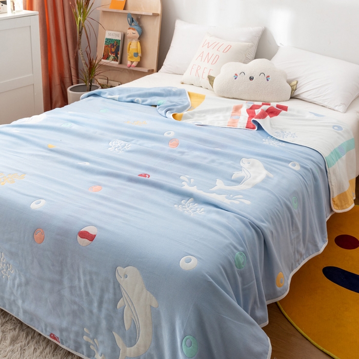91家纺网 家纺一手货源 找家纺 朴尔 2023新款卡漫风格全棉六层纱毛巾被 海洋乐园-兰