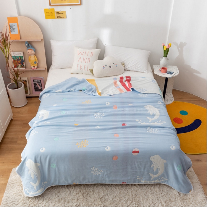 91家纺网 家纺一手货源 找家纺 朴尔 2023新款卡漫风格全棉六层纱毛巾被 海洋乐园-兰