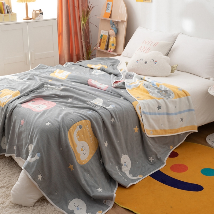 91家纺网 家纺一手货源 找家纺 朴尔 2023新款卡漫风格全棉六层纱毛巾被 长鼻象-灰