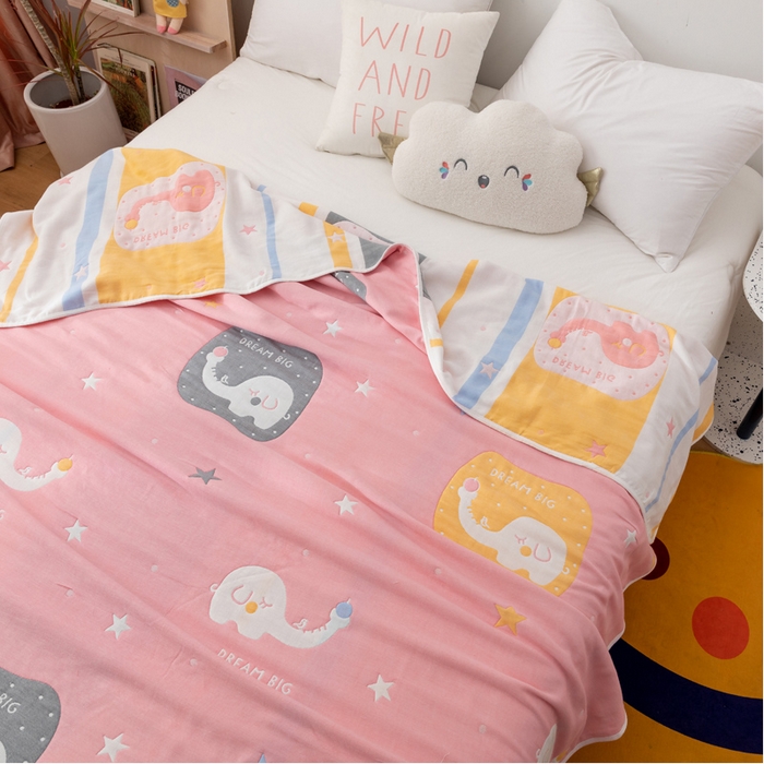 91家纺网 家纺一手货源 找家纺 朴尔 2023新款卡漫风格全棉六层纱毛巾被 长鼻象-粉