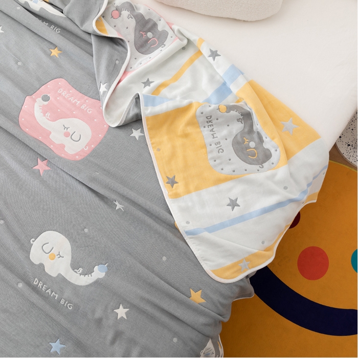 91家纺网 家纺一手货源 找家纺 朴尔 2023新款卡漫风格全棉六层纱毛巾被 长鼻象-灰