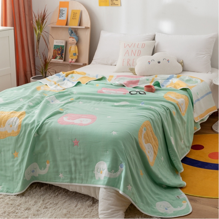 91家纺网 家纺一手货源 找家纺 朴尔 2023新款卡漫风格全棉六层纱毛巾被 长鼻象-绿