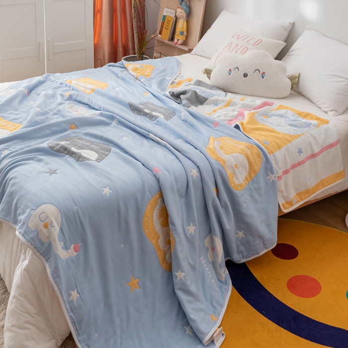 91家纺网 家纺一手货源 找家纺 朴尔 2023新款卡漫风格全棉六层纱毛巾被 长鼻象-兰