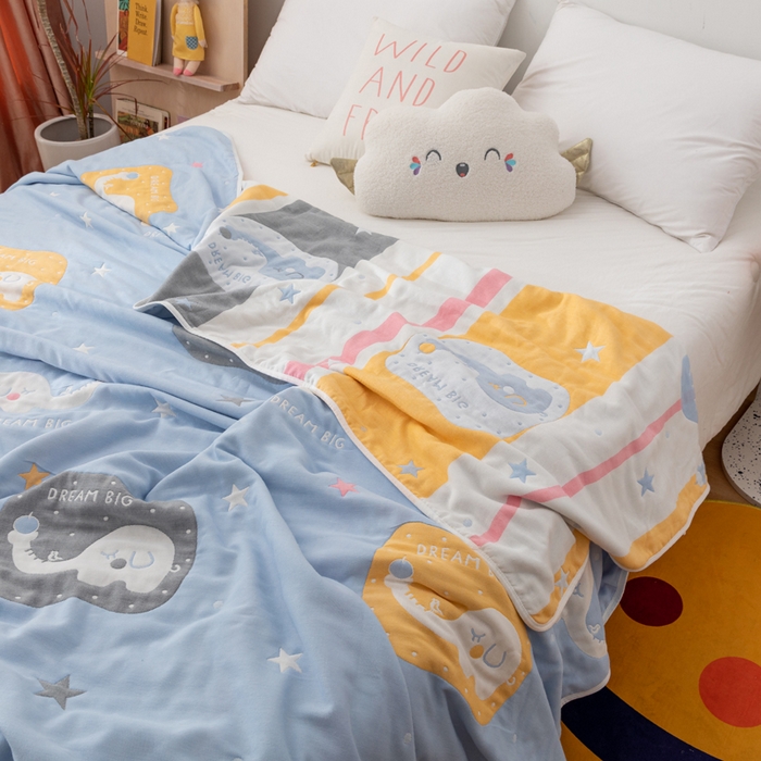 91家纺网 家纺一手货源 找家纺 朴尔 2023新款卡漫风格全棉六层纱毛巾被 长鼻象-兰