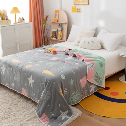 91家纺网 家纺一手货源 找家纺 朴尔 2023新款卡漫风格全棉六层纱毛巾被 海底世界-灰