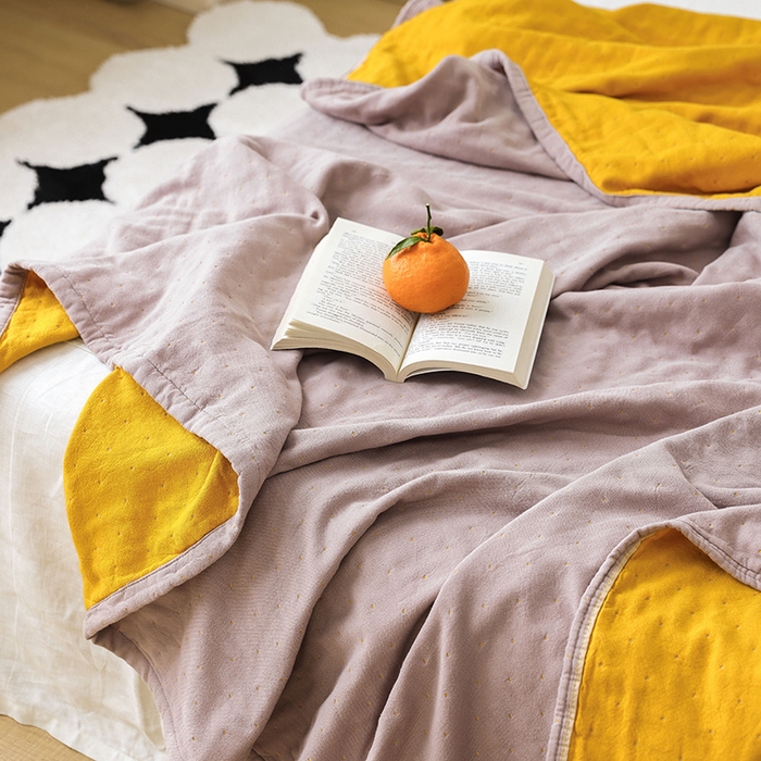 91家纺网 家纺一手货源 找家纺 雯雨家纺 2023新款全棉拼色纱布毛巾被 刺绣-橙