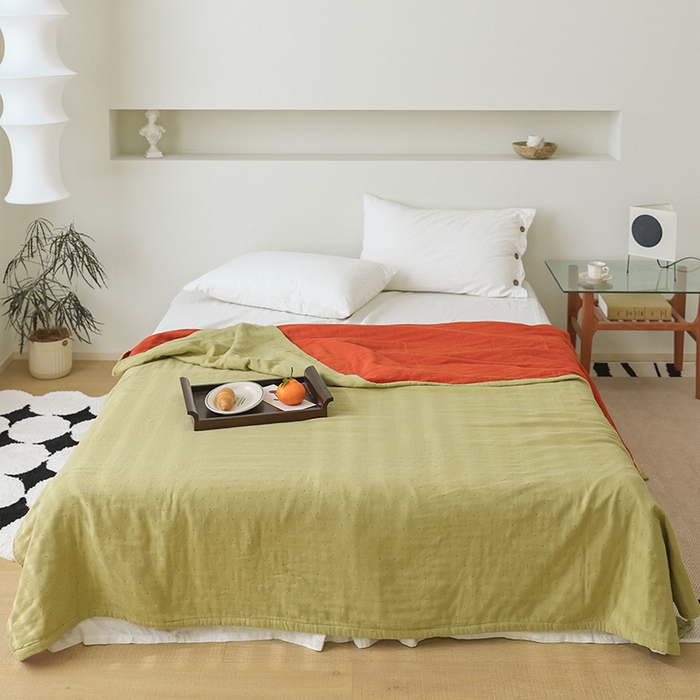 91家纺网 家纺一手货源 找家纺 雯雨家纺 2023新款全棉拼色纱布毛巾被 刺绣-绿