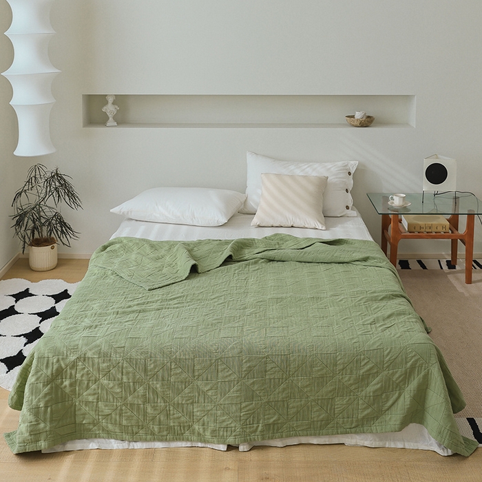 91家纺网 家纺一手货源 找家纺 雯雨家纺 2023新款全棉拼色纱布毛巾被 新风车-绿