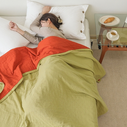 雯雨家纺 2023新款全棉拼色纱布毛巾被 刺绣-绿