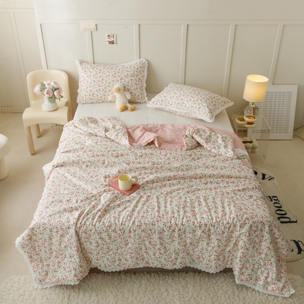 有货  2023新款韩式棉麻泡泡纱印花四季被 浪漫