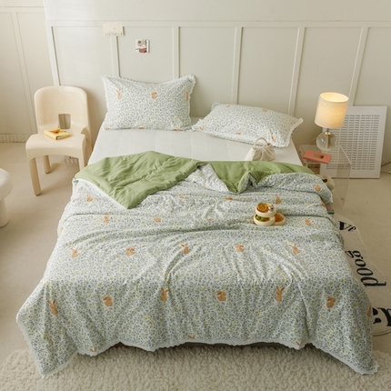 有货  2023新款韩式棉麻泡泡纱印花四季被 森林兔