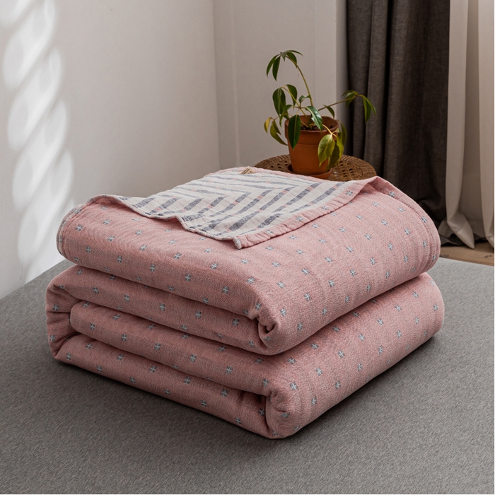 91家纺网 家纺一手货源 找家纺 朴尔 2023新款主推三层水洗棉纱布毛巾被 冬空-粉
