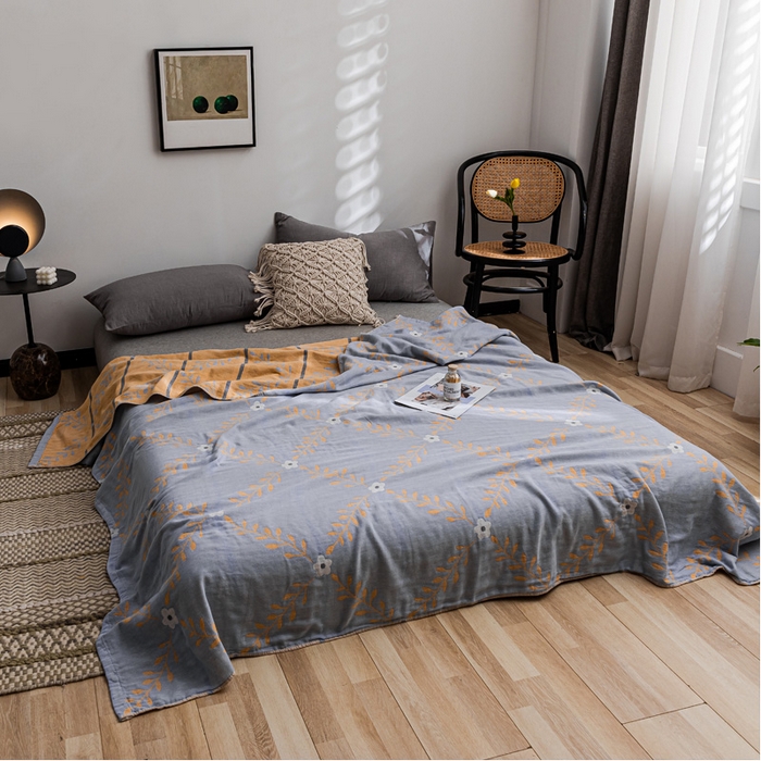 91家纺网 家纺一手货源 找家纺 朴尔 2023新款主推三层水洗棉纱布毛巾被 花之恋-冰蓝黄