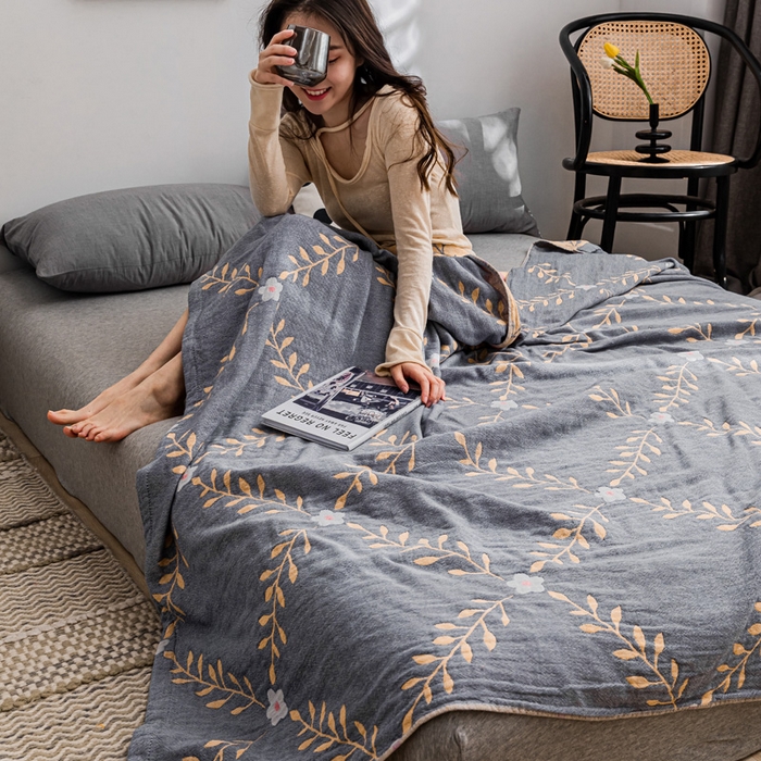 91家纺网 家纺一手货源 找家纺 朴尔 2023新款主推三层水洗棉纱布毛巾被 花之恋-蓝黄